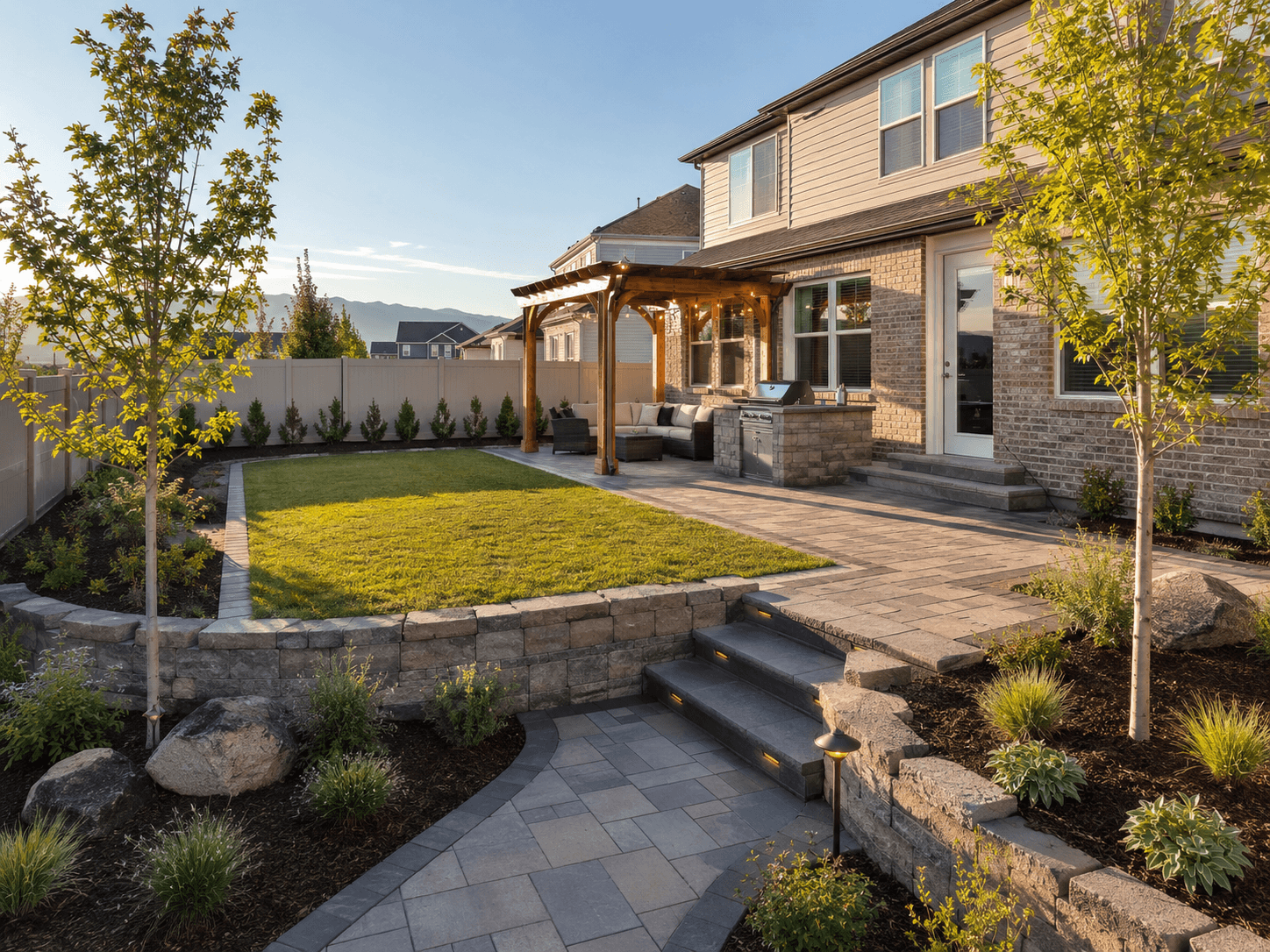 Backyard with a pergola over a sectional couch and built-in grill, a lit stone stairway down through a retaining wall, and a small lawn framed by young trees