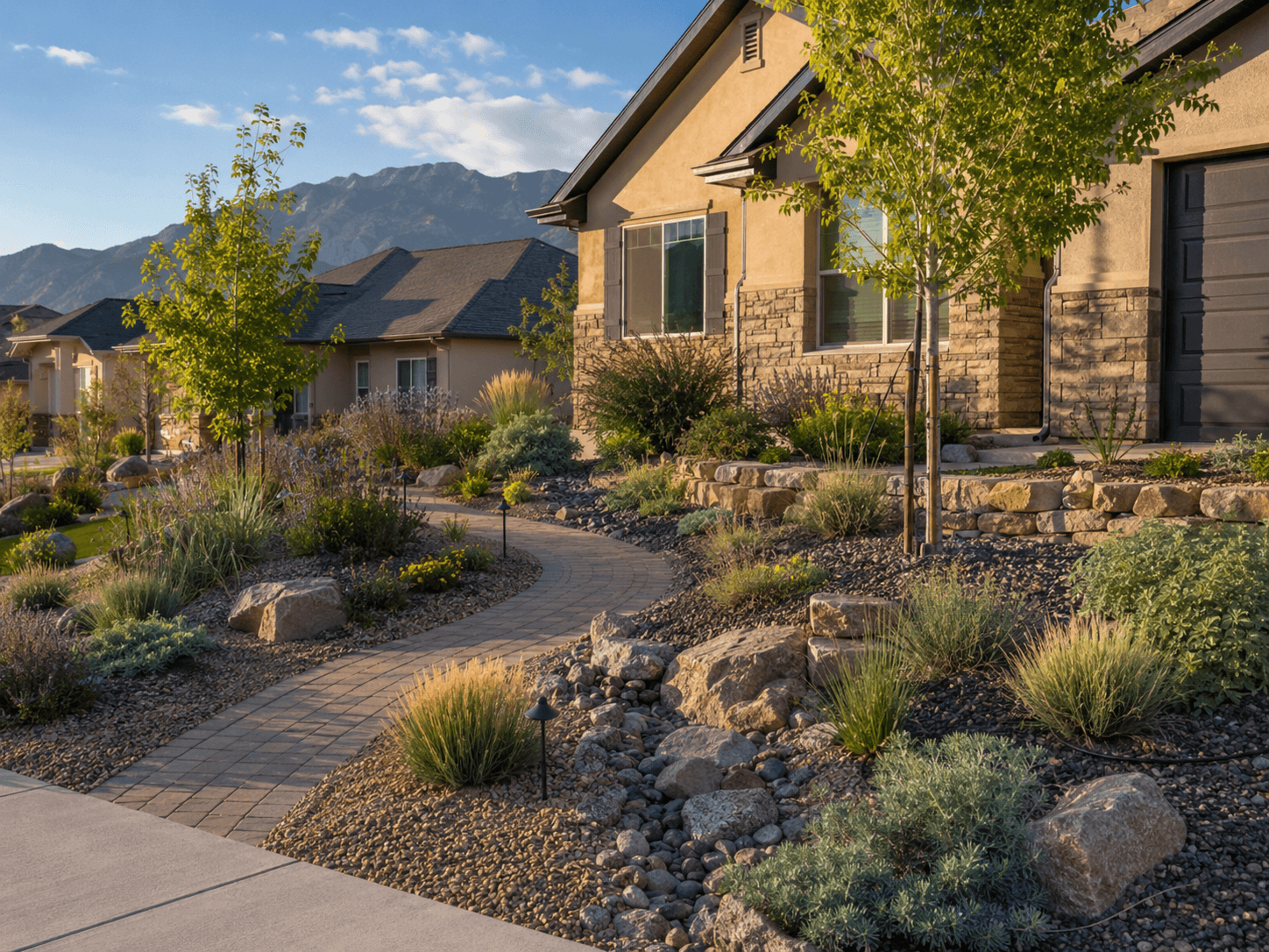 Front yard xeriscape with a curved paver walkway through drought-tolerant grasses, boulders, a dry rock bed, and a low stone retaining wall