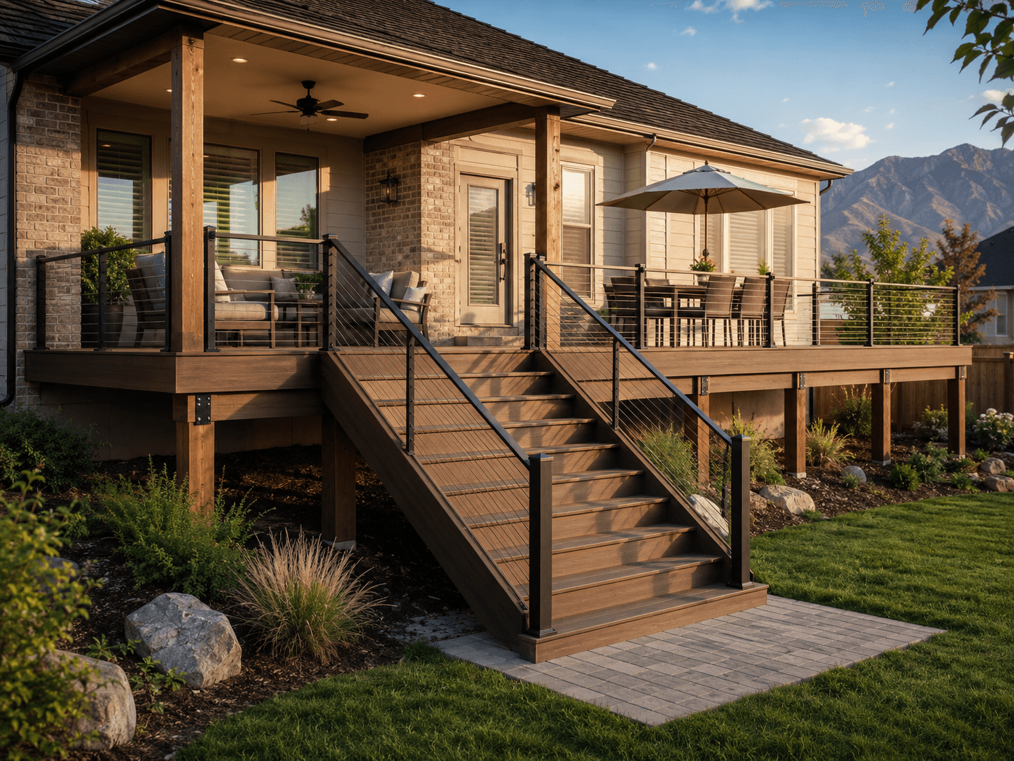 Raised composite deck with black cable railing, a covered porch seating area, and wide stairs down to a paver landing, with mountains behind