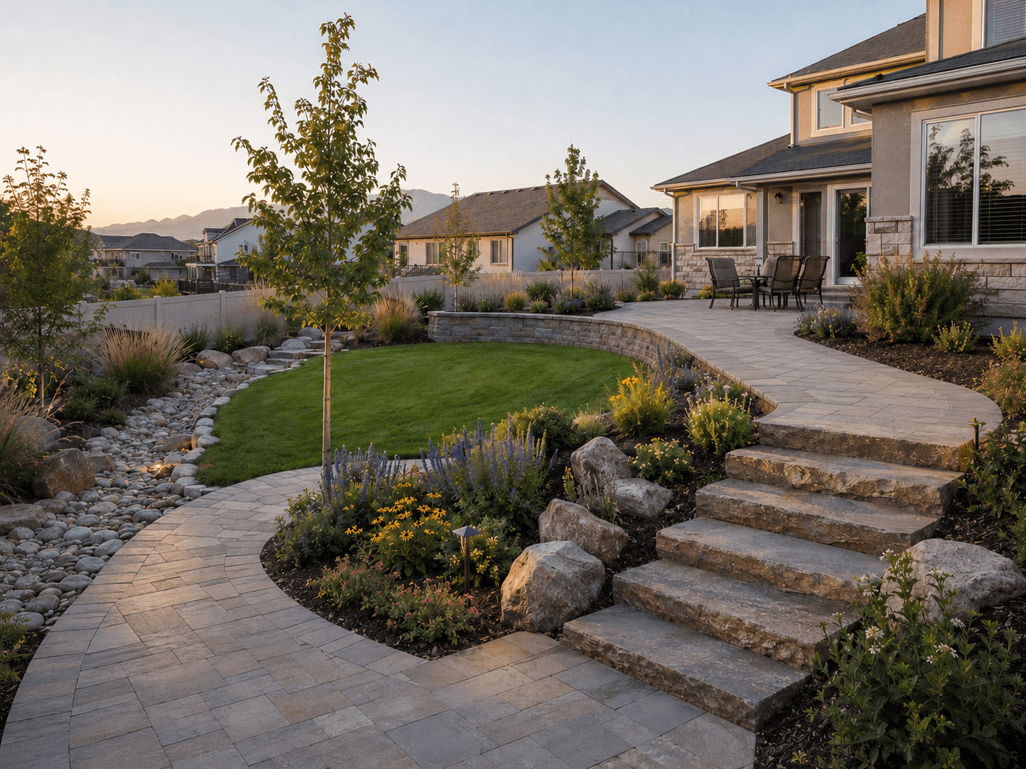 Curved paver patio and stone steps up to a raised lawn framed by a stacked-stone retaining wall, with a river-rock bed and boulder accents along the path